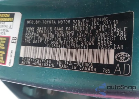 2010 Toyota Corolla Le from USA, damaged, VIN 2T1BU4EE0AC389741